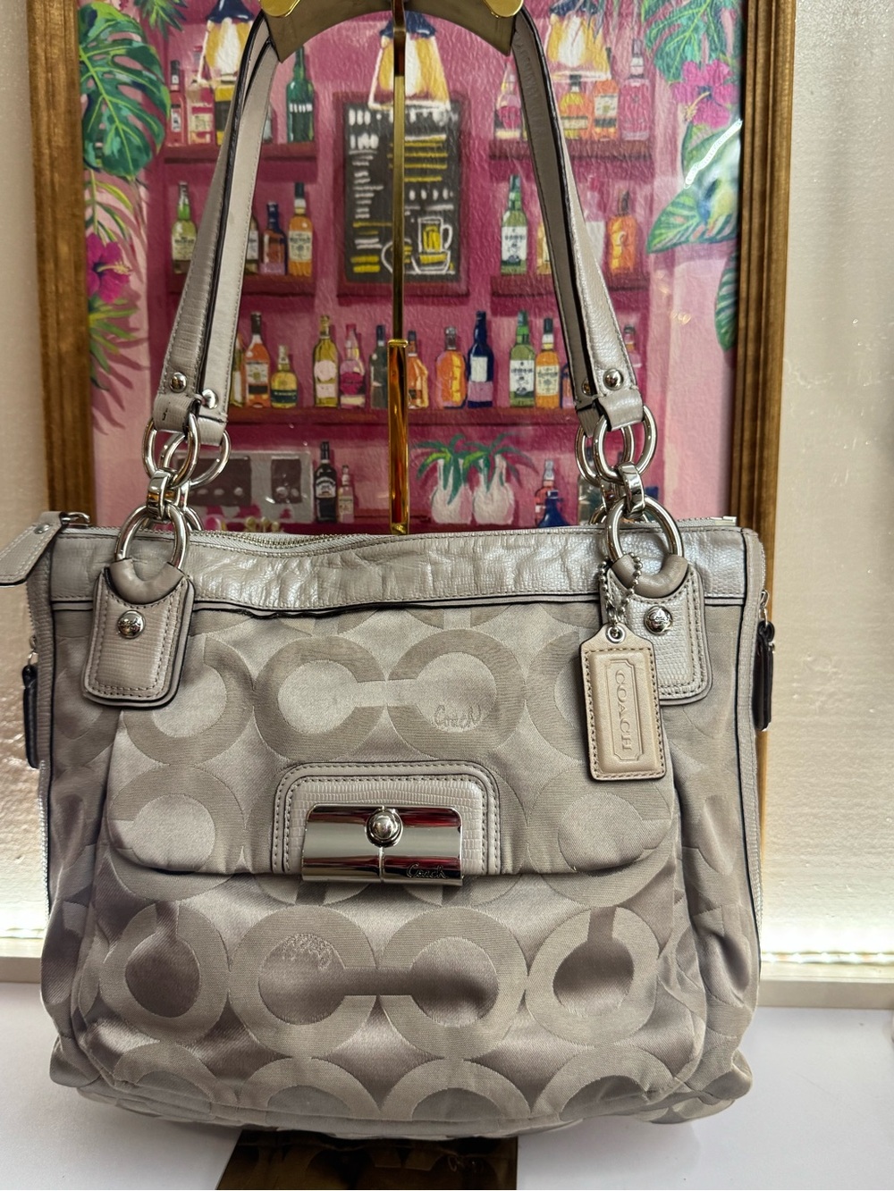 Coach Kristin Subtle Shimmer Signature Pattern Shoulder Bag Silver Tone Hardware